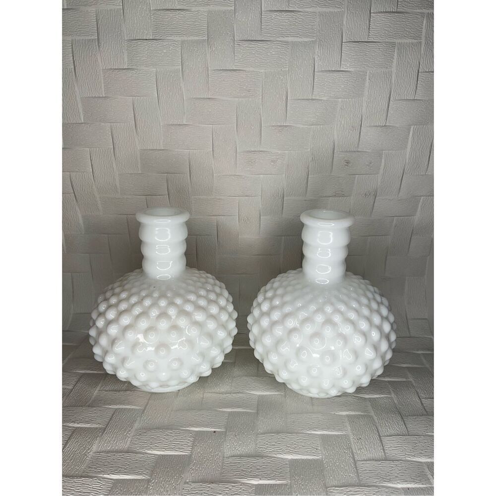 Milk Glass Hobnail Round Ribbed 5" Bud Set of 2 Vases Barber’s Perfume Bottle - Picture 3 of 12